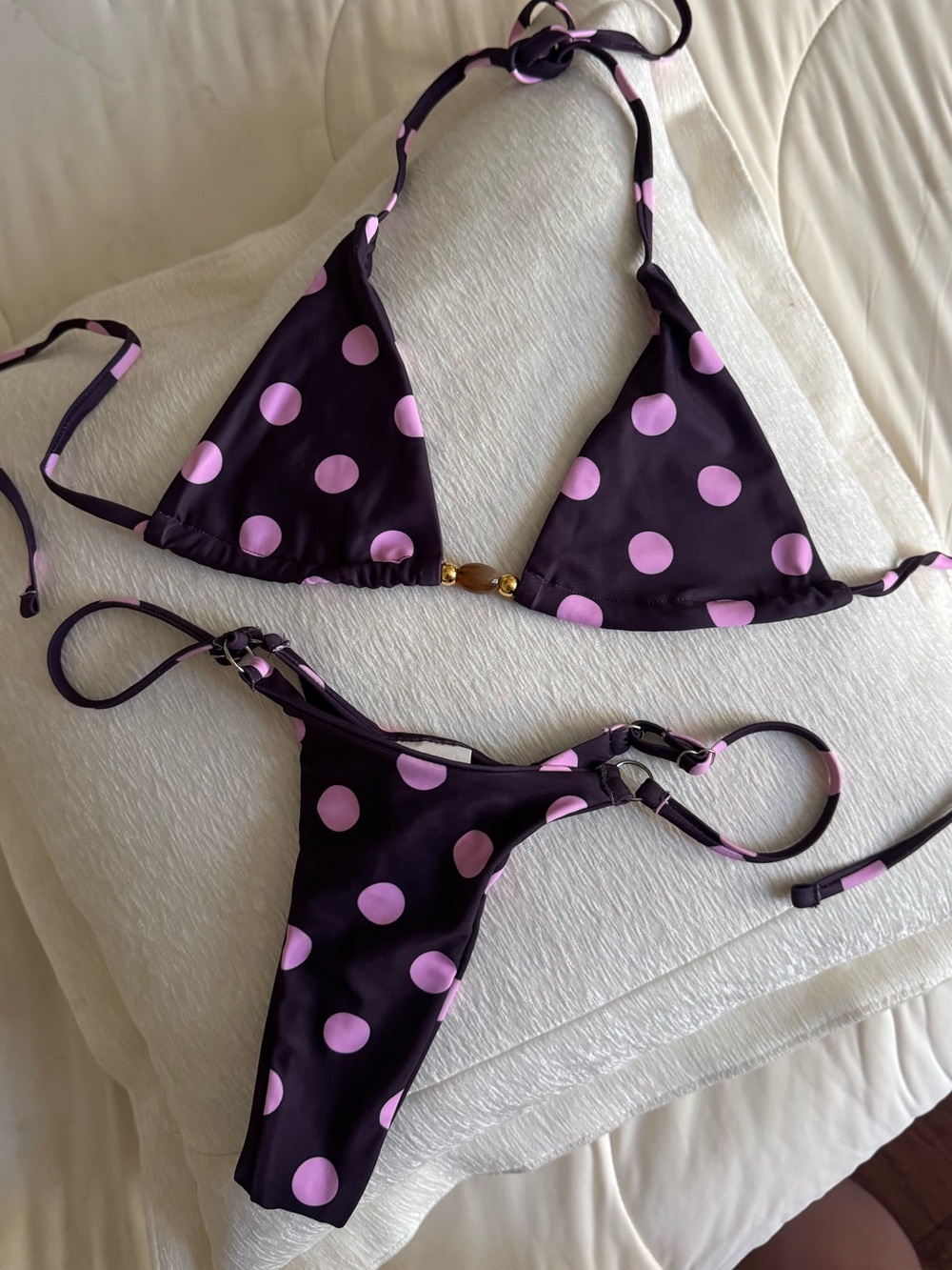 Polka Dot Bikini Set - Triangle Top/ Thong Bottoms in Purple + Pink | NWOT